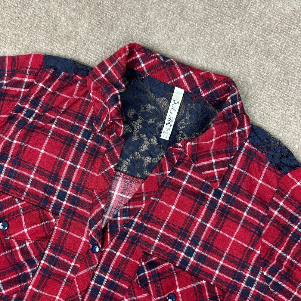 R N B Shirt Womens 2X Red Blue Plaid Lace Back Detail Short Sleeve Button‎ Up